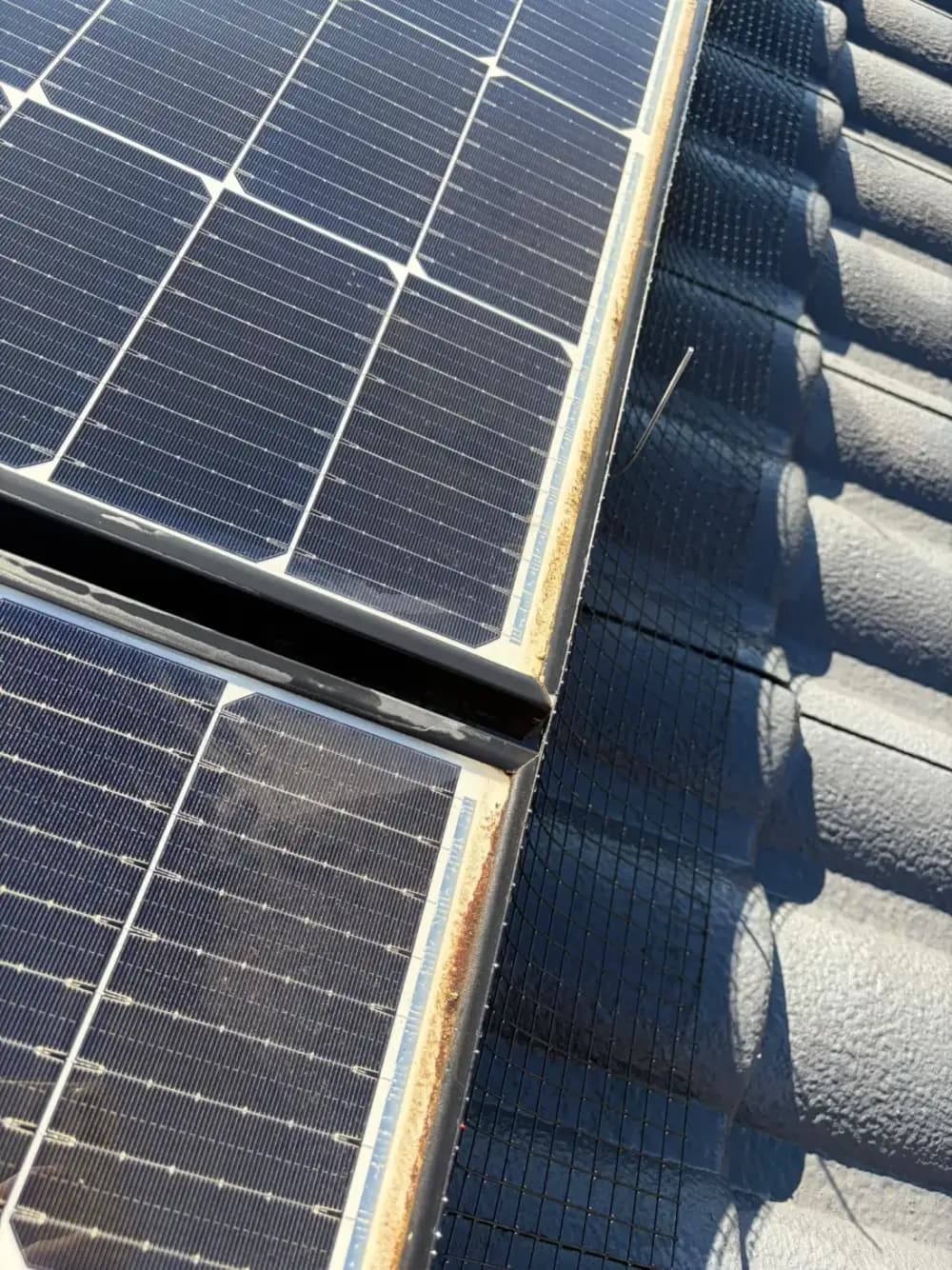 Close detail of bird mesh sealing the cavity beneath a solar panel on a tile roof
