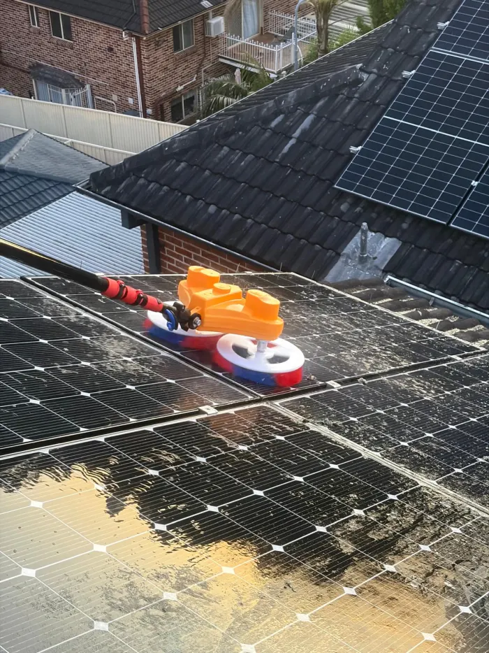 Solar panels being cleaned, with a visible contrast between dirty and rinsed sections