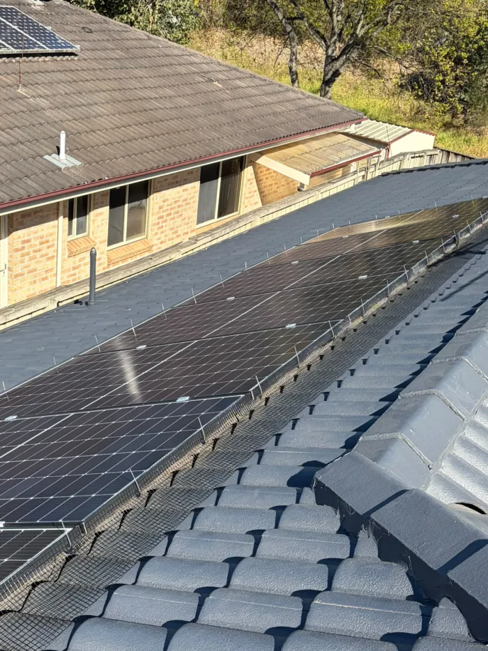 Bird mesh fitted to solar panels above a grey corrugated metal roofline