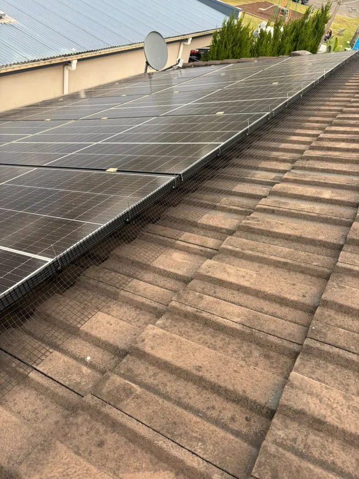 Stainless bird mesh fitted along the edge of a solar array on a brown tile roof in Sydney
