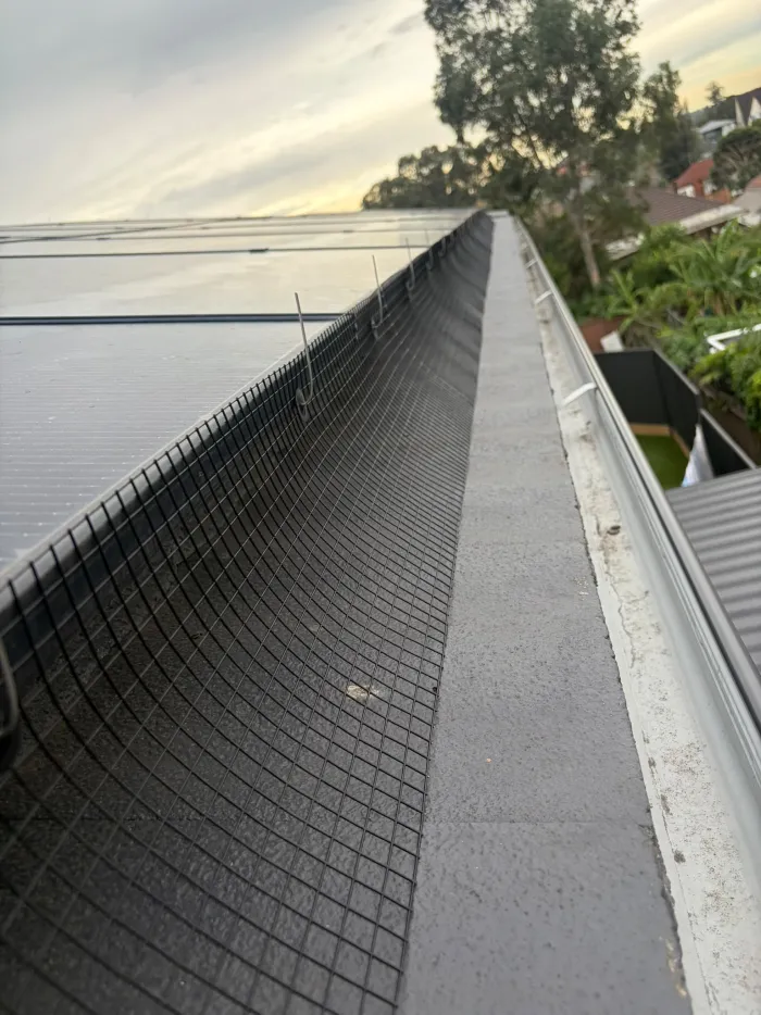 Bird mesh running the length of a roof valley beside a solar array
